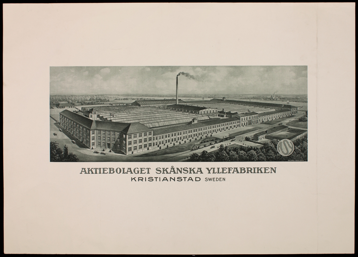 Plansch med motiv av Aktiebolaget Skånska Yllefabriken i Kristianstad.