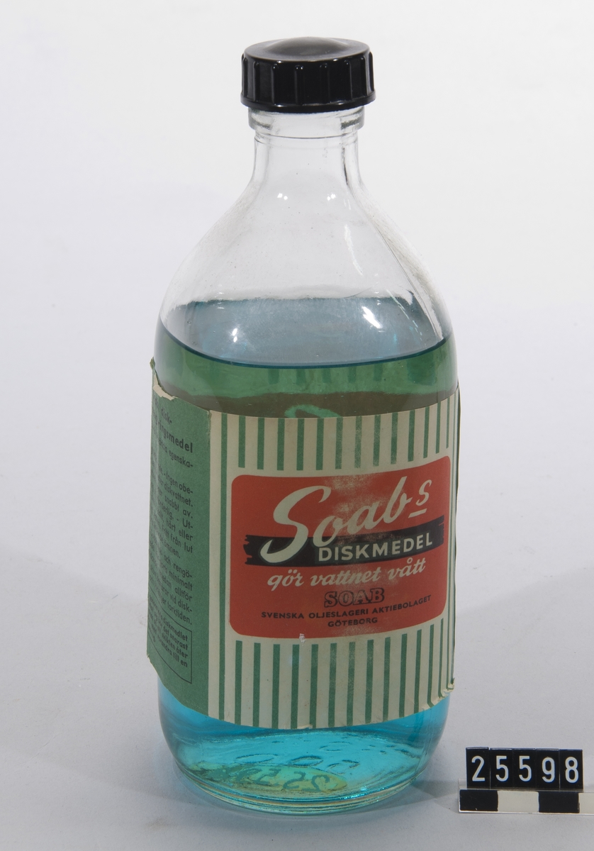 1/2 liter "Soabs diskmedel", i originalflaska med etikett med bruksanvisning.