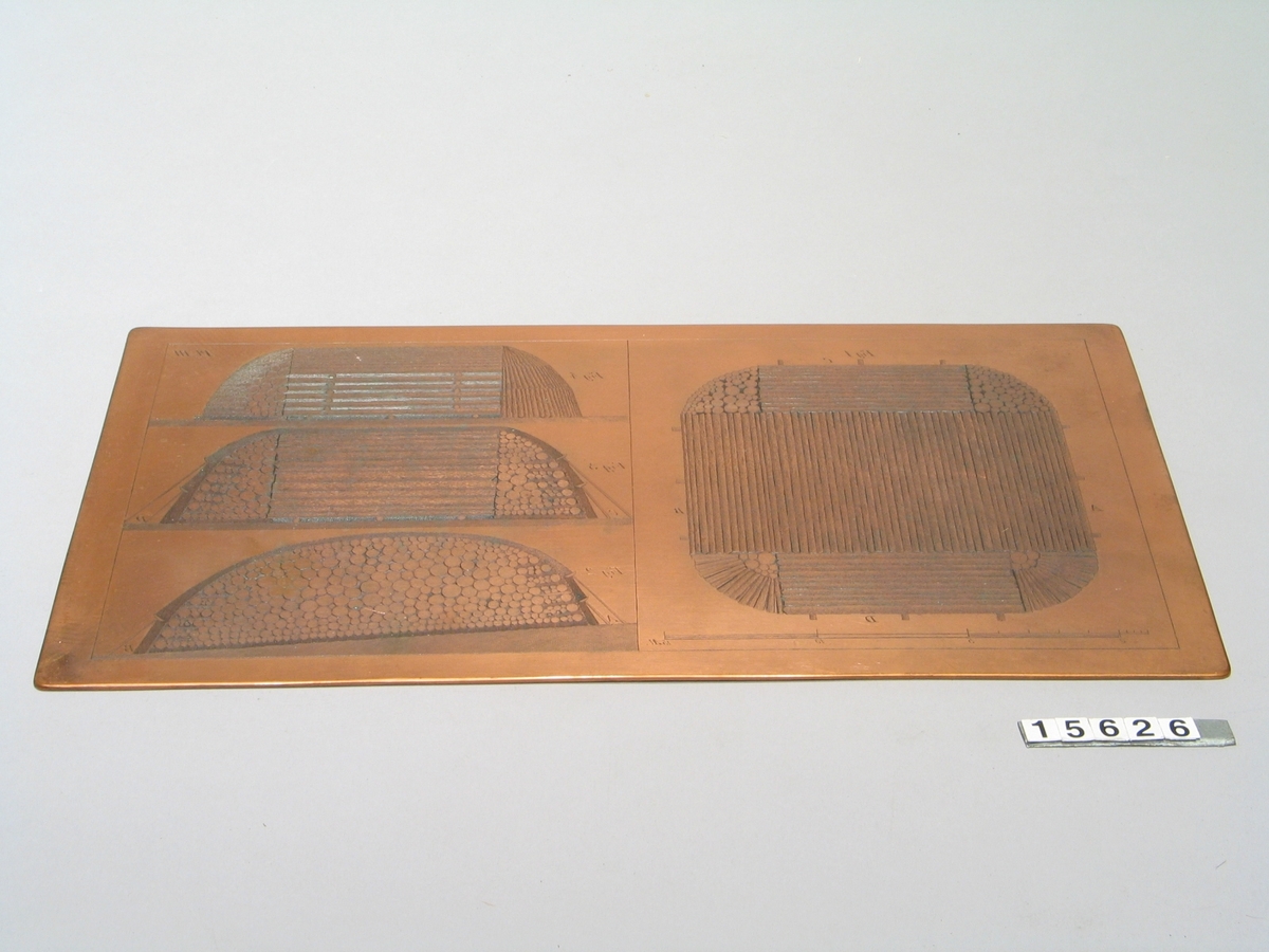 4 st. graverade koppartryckplåtar till C.D. af Uhrs berättelse om kolningsförsök, Stockholm 1814. Komplett till de 4 planscherna.