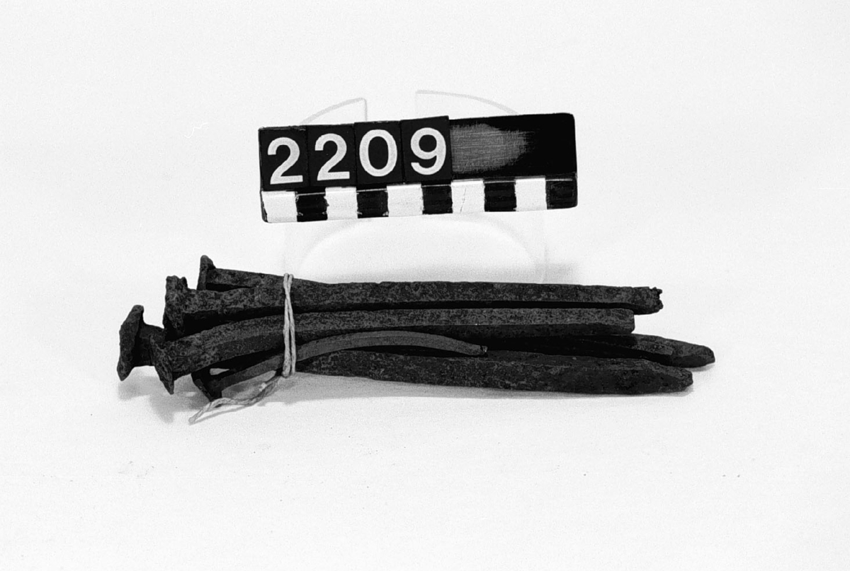 7 st. smidda spikar, tillverkade vid Hagge Bruk. Längd: 100-180 mm.