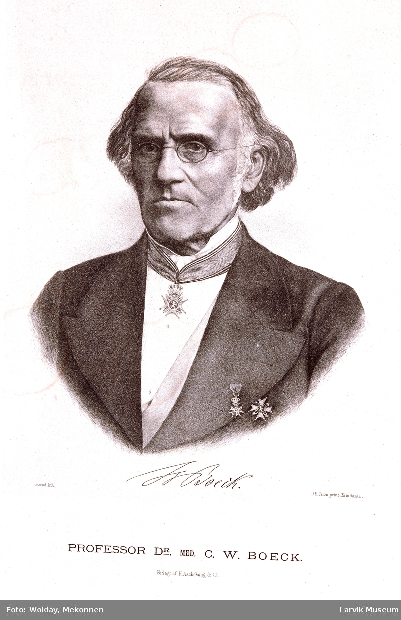professor Dr. Med. C.W.Boeck litografi, ...sterud lith, forlagt av H.Aschehoug J.E.Jrion (Trion?) print. Kristiania 