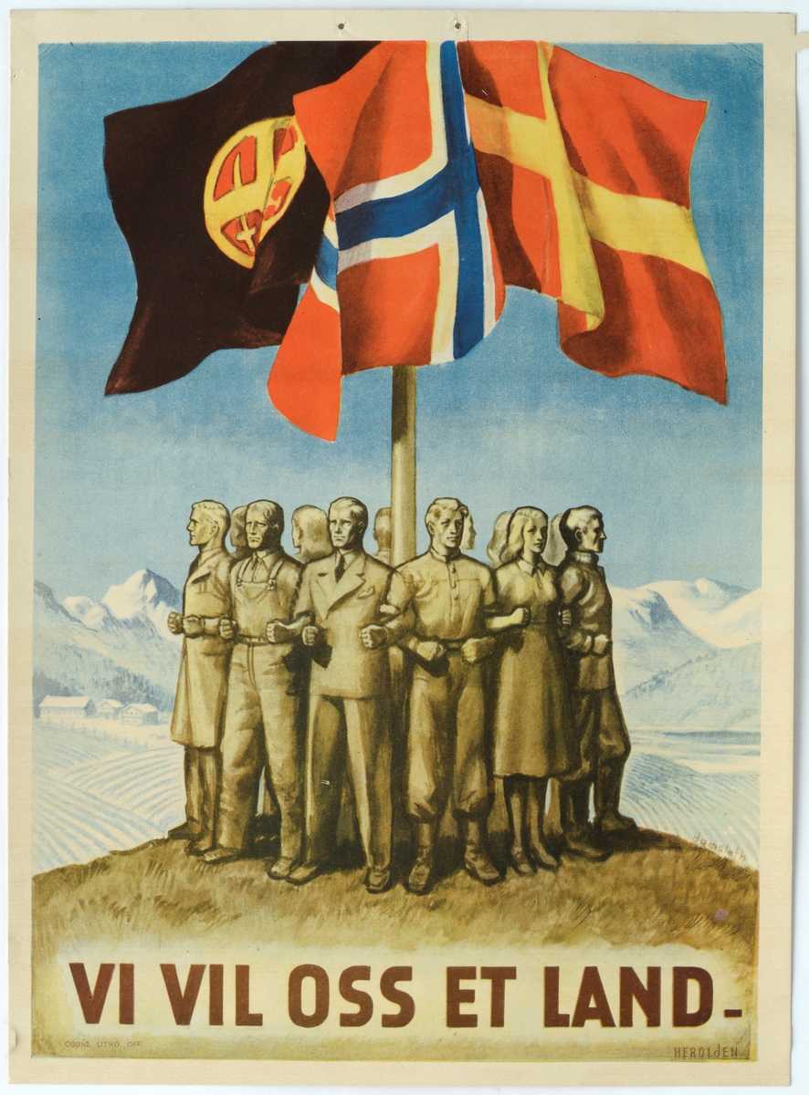 Kvinner og menn står arm i arm rundt en flaggstang.  Over dem vaier det norske flagg, nasjonal samlings flagg med solkors, samt et flagg med rød bunn og gult kors.  I bakgrunnen norsk natur.