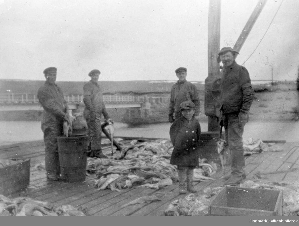 Bildet er fra et fiskebruk i Kiberg, fra venstre: Andreas H. Edvin P.,  Johan, Hjalmar, Jacob.