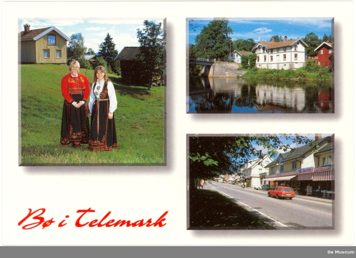 To postkort:
1. Postkort med 3 bilde, Motiva er Østerli,  Åheim og Bø sentrum
2. Bunadsjenter på Østerli