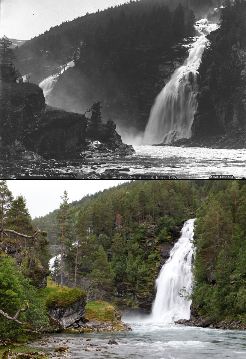 Refotografering.  Vermafossen i Rauma, Møre og Romsdal. Fotografert i perioden 1880-90 og 2012.