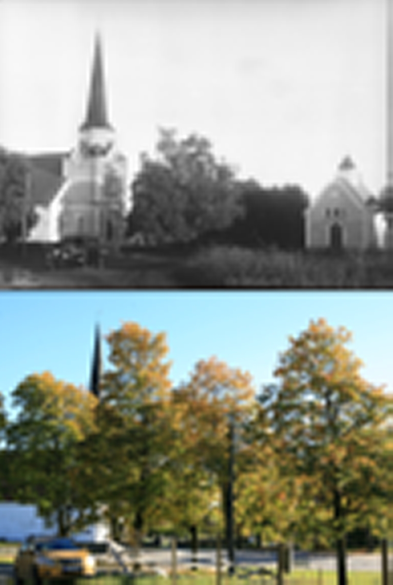 Refotografering. Rakkestad kirke med gravkapell, Rakkestad, Østfold. Fotografert 1928 og 2007. Kirken og kapellet er nå nesten skjult bak trær.