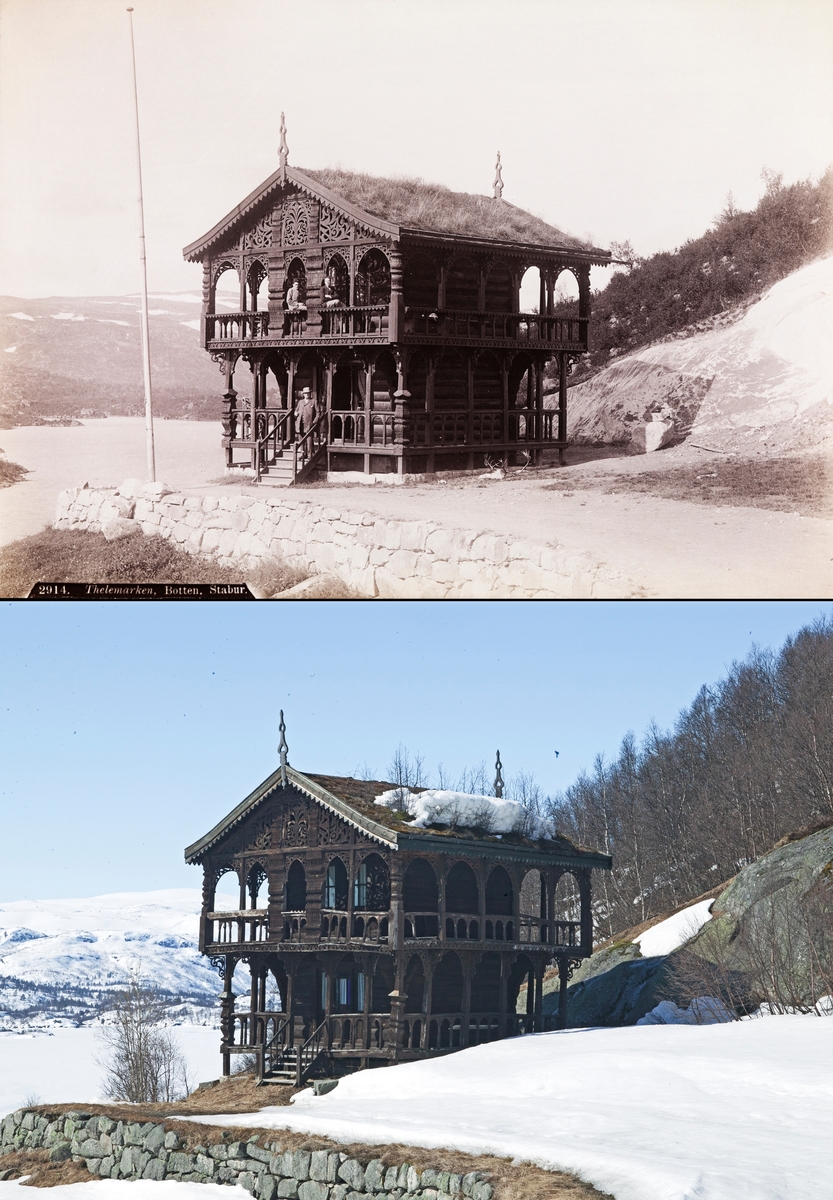 Refotografering. Rikt utskåret loft i Botn i Vinje, Telemark. Fotografert 1891 og 2005.