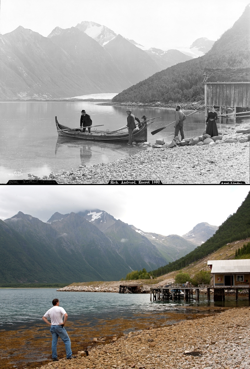 Refotografering. En kvinne og en mann står på land ved siden av et naust og ser på to menn ombord i en fembøring i 1889. Naustet er bygd om og mye av isbreen er borte i 2010. Fotografert 1888 og 2011.