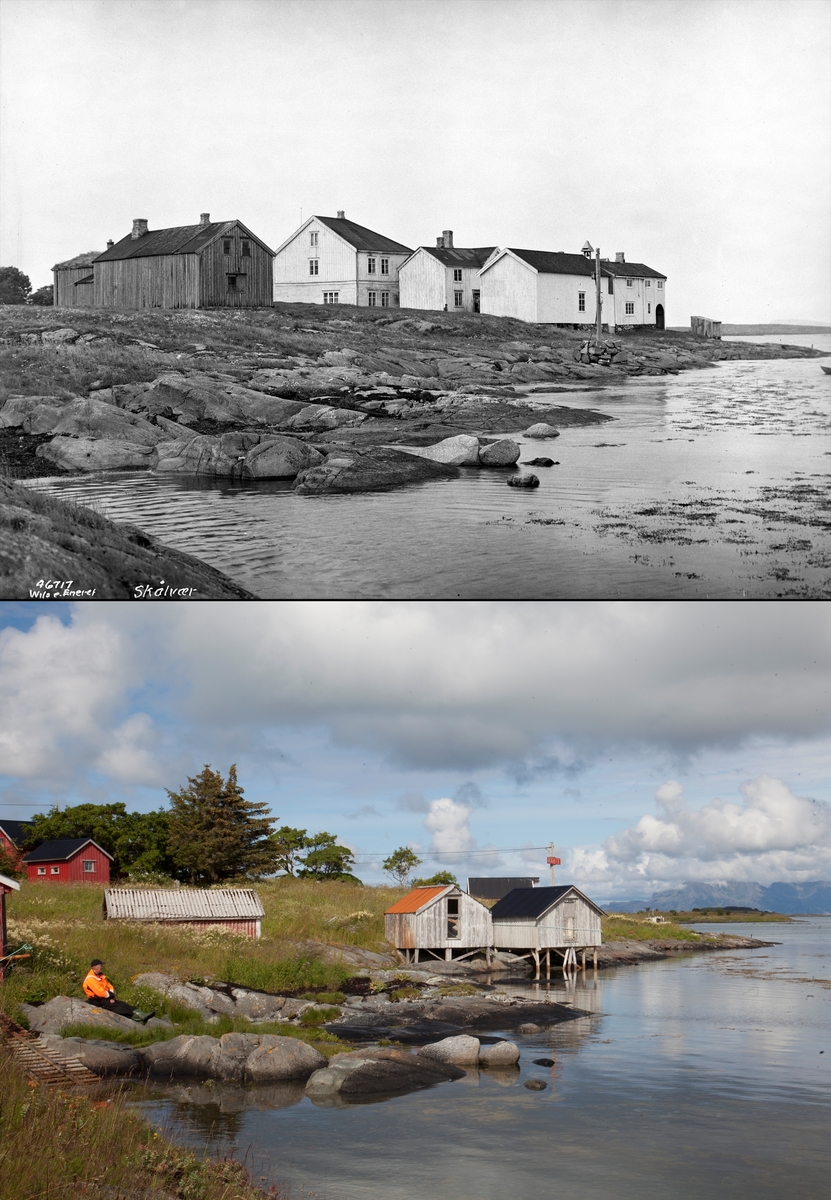 Refotografering. Hus og uthus er borte og to små naust er satt opp i fjære. Skålvær, Alstadhaug, Nordland. Fotografert 1938 og 2015.