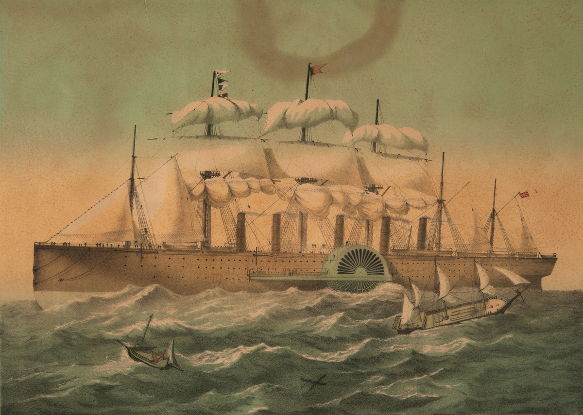 Segelångfartyget Great Eastern, under segel och ånga, visande babords sida. Skrovet ljusbrunt med grönt hjulhus.