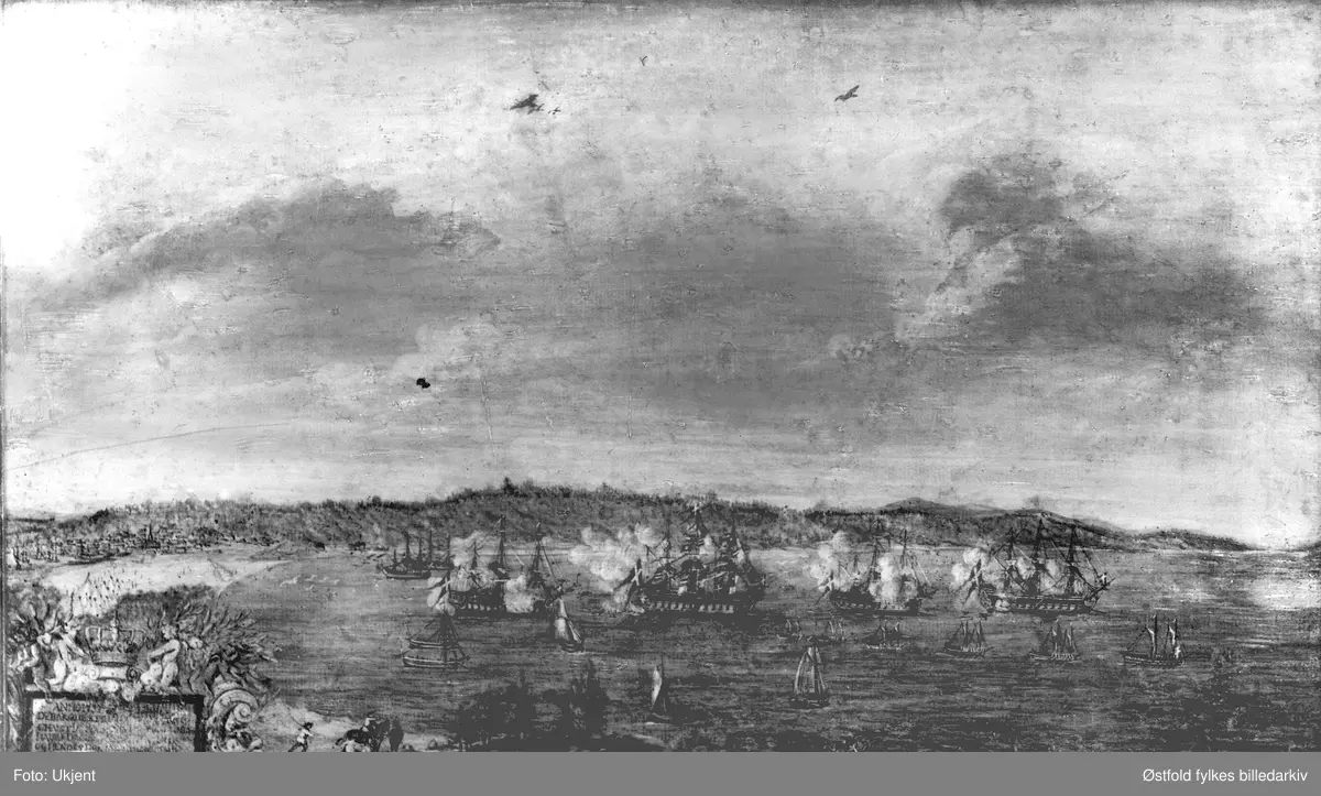 Moss, stikk fra 1733. Avfotografert.

"Debarqverede Hans Majestet Kong Christian Den SIETTE  Med Hendes Majestet Dronning Sophia Magdalena og Hendes DUchl. Fru MARGREVINDEN af GULMBACH på WÆLEN ved MOSS , og gik til Vands til CHRISTIANIA."
Anno Den 3. Junii 1733.