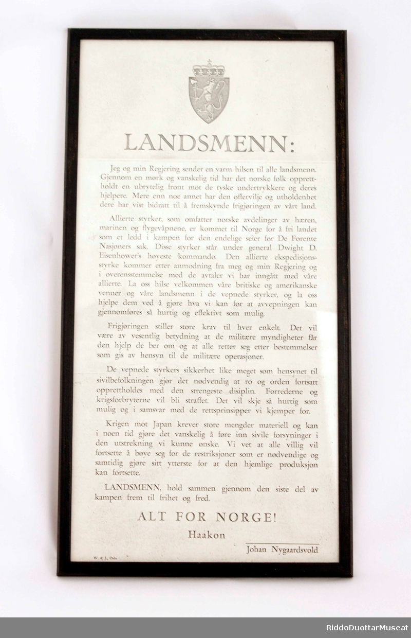 Proklamasjon til Landsmenn fra kong Haakon og Johan Nygaardsvold