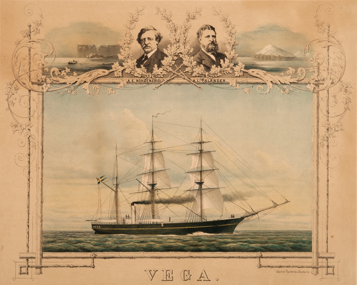 Ångbarkskeppet "VEGA" under ånga och segel. Under gaffeln tretungad svensk flagg med unionsmärke. Över fartyget bild av Nordkap och Ostkap samt av A.E. Nordenskiöld och A.L. Palander.