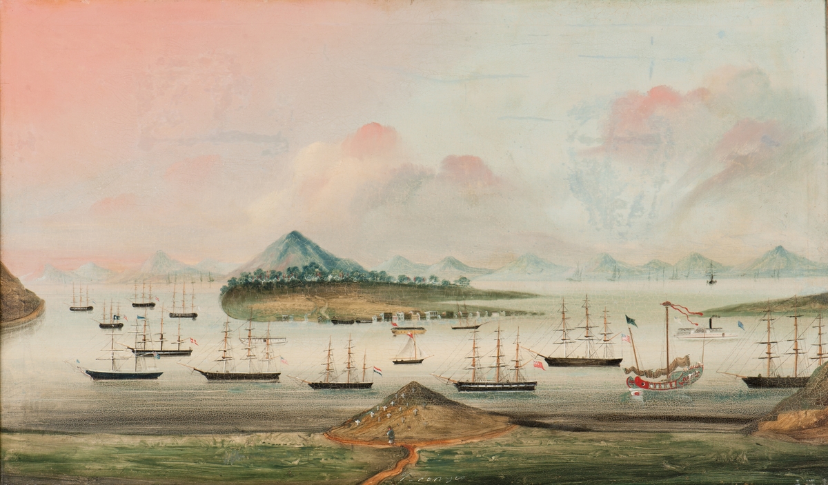 Whampo redd, nedanför Kanton, med europeiska och amerikanska skepp till ankars.
Till höger kinesisk djonk och hjulångare, i mitten ön Whampo. I förgrunden kulle med gravar.