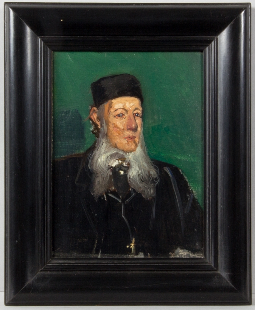 Porträttskiss föreställande Oskar Ekman. Bröstbild en face. Svart kostym med väst och svart kalott. Långt vitt skägg. Grön enfärgad bakgrund.