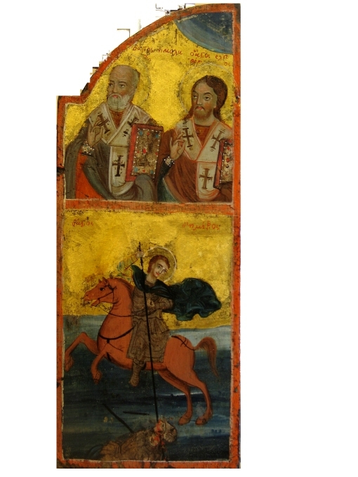 Två vingar till en triptyk avbildande överst fyra kyrkofäder samt därunder helgonen 1) Georgios/Göran med draken samt 2) Demetrios till häst