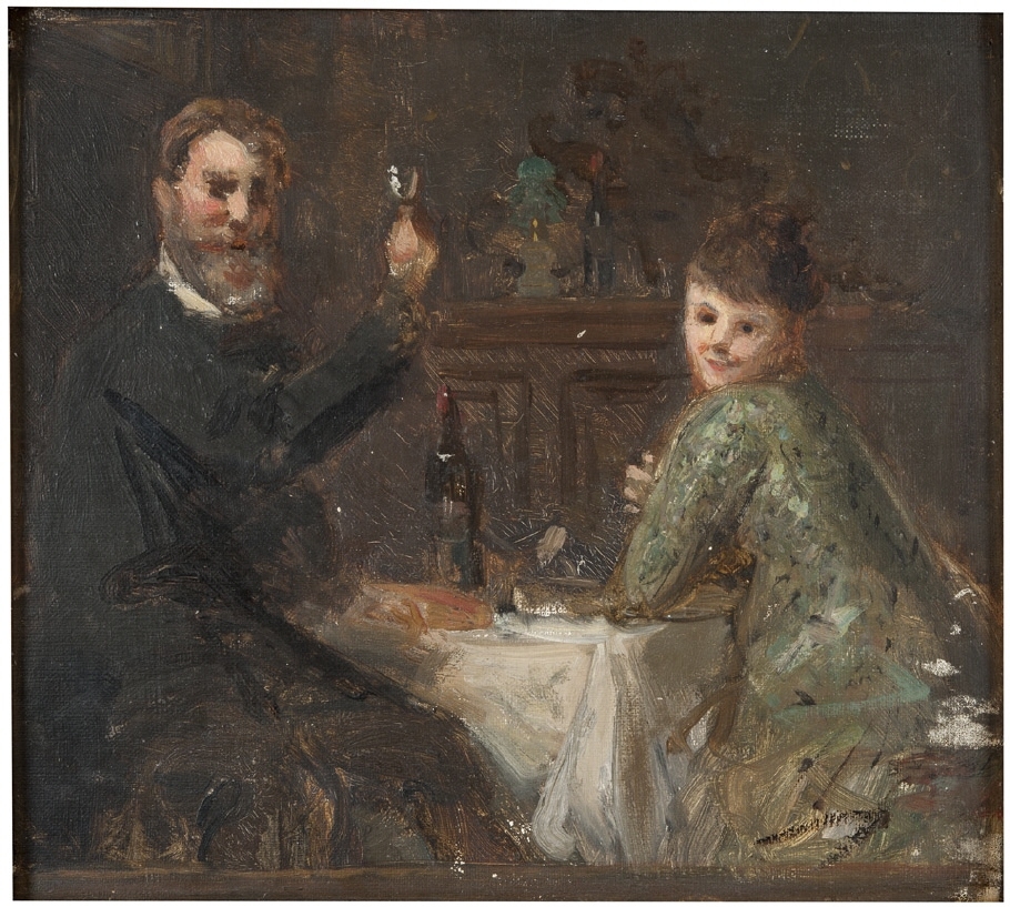 Självporträtt med hustrun Maria Agnes Claesson (1843-efter 1903), interiör från hemmet i Paris, skiss