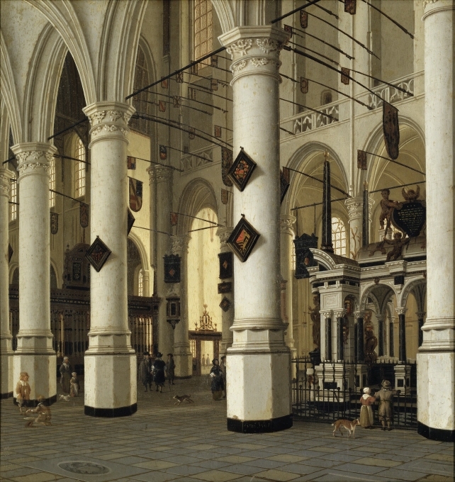 Kyrkointeriörer blev en särskild genre i Holland under 1600-talet. I Hendrick Cornelisz van Vliets målning framstår kyrkorummet nästan som ett torg. Människor samtalar, tittar på föremål och låter sina hundar springa lösa. En mötesplats snarare än ett rum för religiös andakt. Samtidigt är kyrkans inre ett uttryck för religionsförhållandena i Holland. Den är vitmålad i enlighet med reformationens idé och så vitt det går att se rensad på bilder.