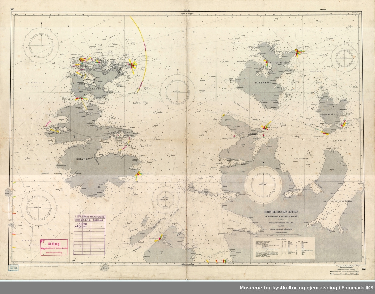 Kartet er et tysk marinedraft, altså et uferdig sjøkart. Det er inntegnet med blyant en rute med koordinater påskrevet langs ruta.