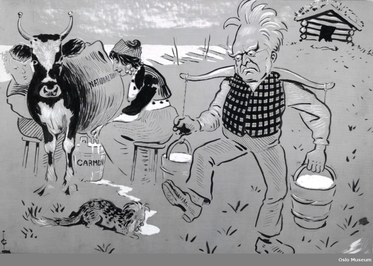 karikatur, gruppe
Bjørnstjerne M. Bjørnson (A) står med vassåk over skuldrene, Bjørn Bjørnson (B) og Gina Oselio (D) melker en ku (de var forøvrig gift), og Henrik Ibsen (C) er fremstilt i en katts skikkelse og ligger på bakken og slikker melk.