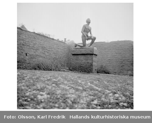 Norra fästningsplanen. Skulptur. Flöjtspelaren  - "Gustav Ullman-statyn", gjord av Nanna Johansen-Ullman.  Karl Fredrik Olsson var redaktör (ca 1935-1965) på Hallandsposten så bilden har troligen ingått i en tidningsartikel. 1950-tal?