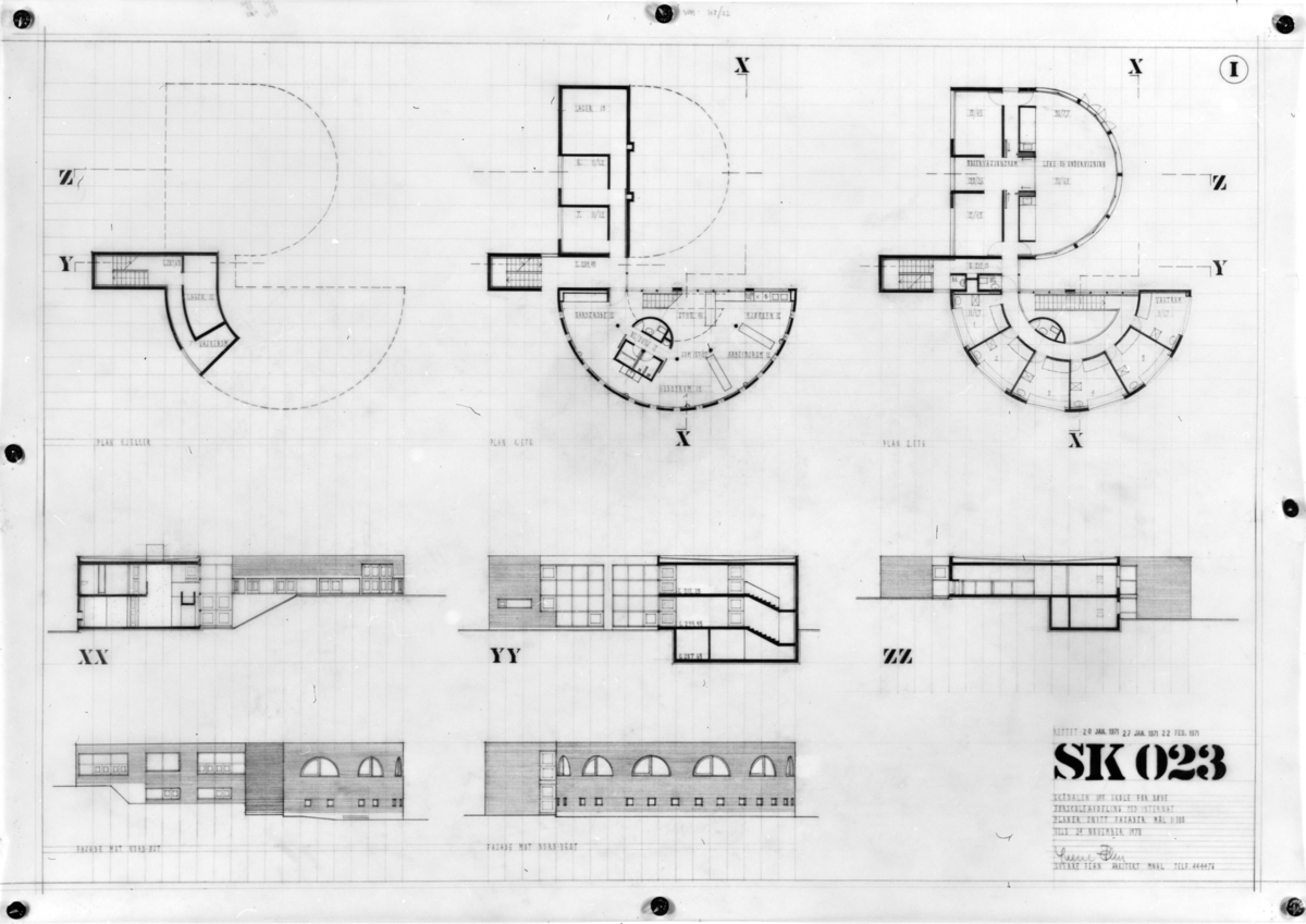 Tegninger og modeller av Skådalen offentlige skole.