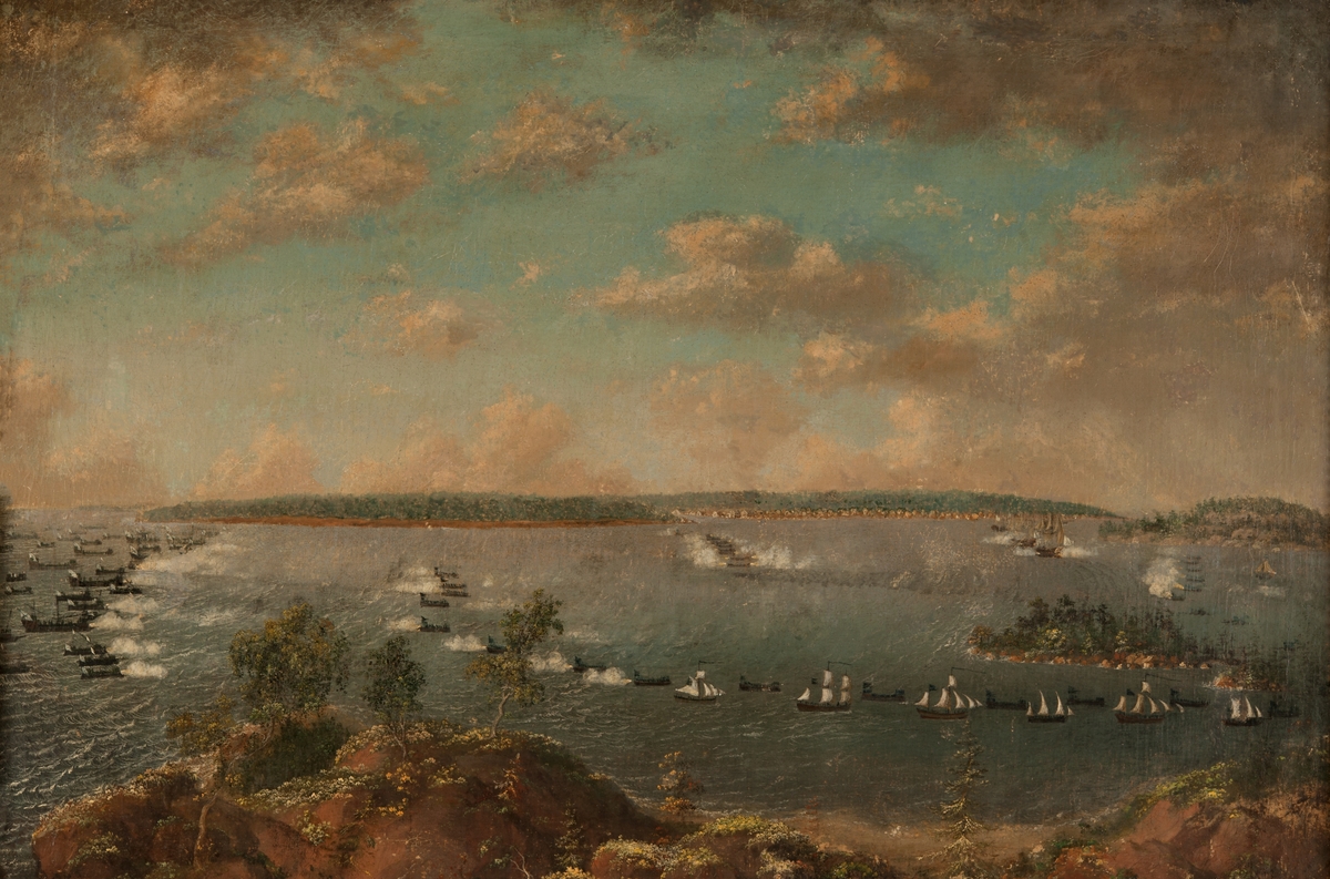 Slaget vid Svensksund 1789.
Bataljmålning av J.T. Schoultz 1807. Målad å väv och spänd å ram, föreställande skärgårdsstrid mellan ryska och svenska skärgårdsflottorna, troligen senare skedet i slaget vid Svensksund 1789.