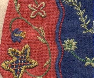 Kjolväska :Fram och baksida av rött ylletyg. På framsidan ett  9,5 cm brett blått ylletyg påsytt med plattsöm. Broderad i stjälksöm, plattsöm och hallandssöm i färgerna grönt, gult, rött och blått. Foder i oblekt linne.