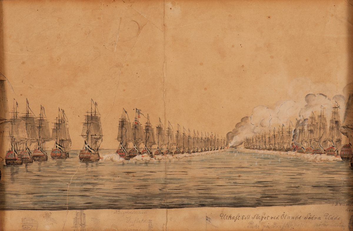 "Utkast till Slaget vid Ölands Södra Udde" 26 juli 1739. De ryska och de svenska fartygen ligger i formation mot varandra.

Ram: Brun