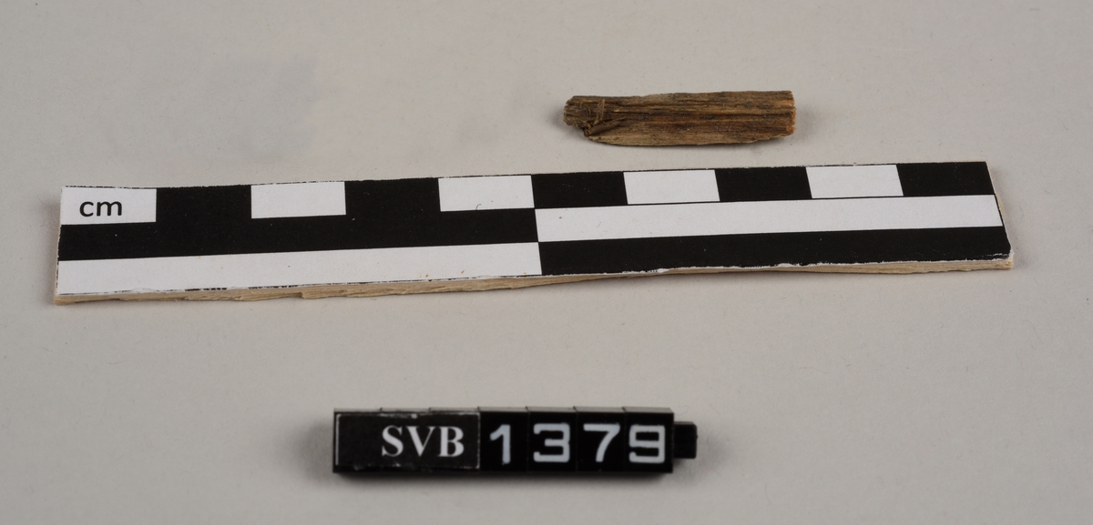 Del av et båtbord. Delen ble saget av. Det er hull til vidje og plugger. Delvis er det rester av både vidje og plugger. Treet fremstår ubehandlet. Det er et materiale som ligner torv/mose mellom bordene.