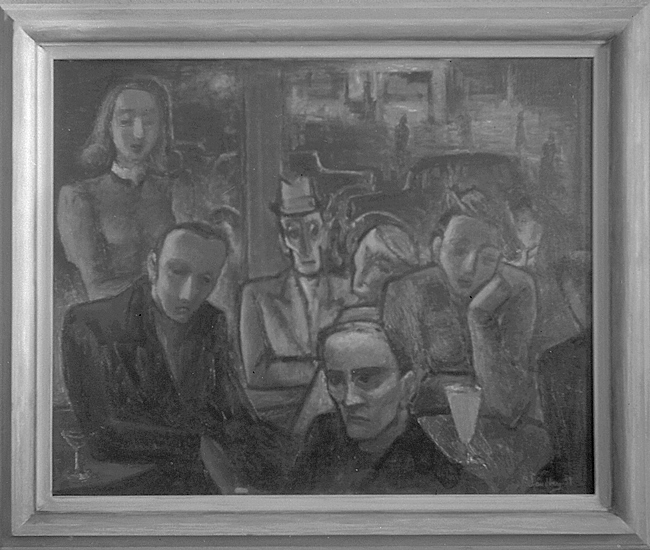 En tavla med en grupp av kvinnor och män på ett café. 
Utställning, Börje Såndberg.