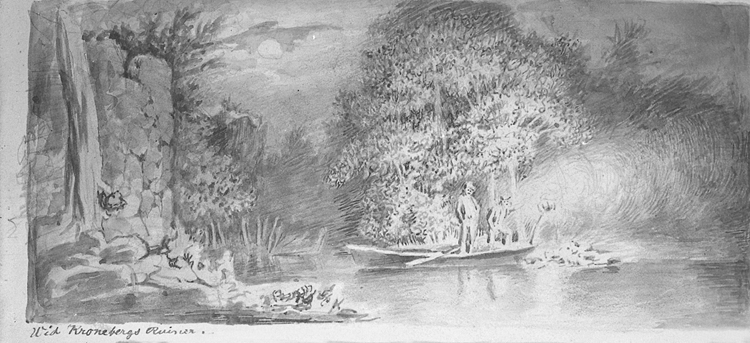 Teckning av Kilian Zoll, vy över Kronobergs slottsruin och ett antal män som står i en eka och fiskar med bloss.