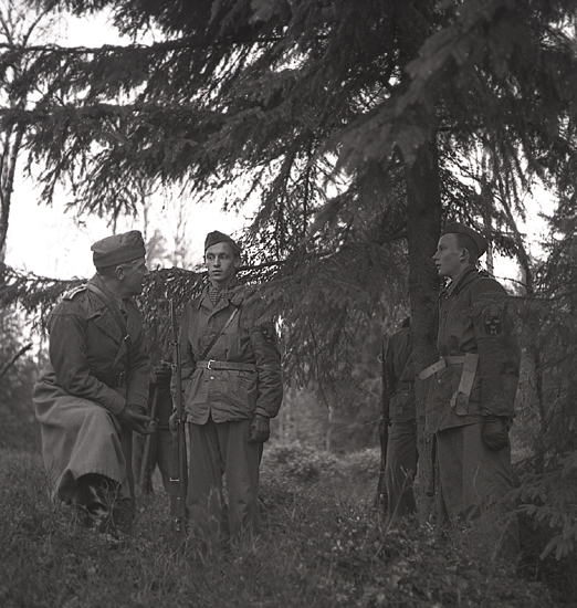 Hemvärnet. 20/4, 1941.Några hemvärnssoldater diskuterar något under en stor gran.