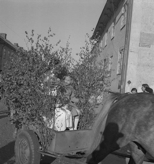 Studenterna tredje dagen, 1951.
En student körs hem i lövad vagn, i korsningen Storgatan - Liedbergsgatan ,
(dåv. Fabriksgatan.)