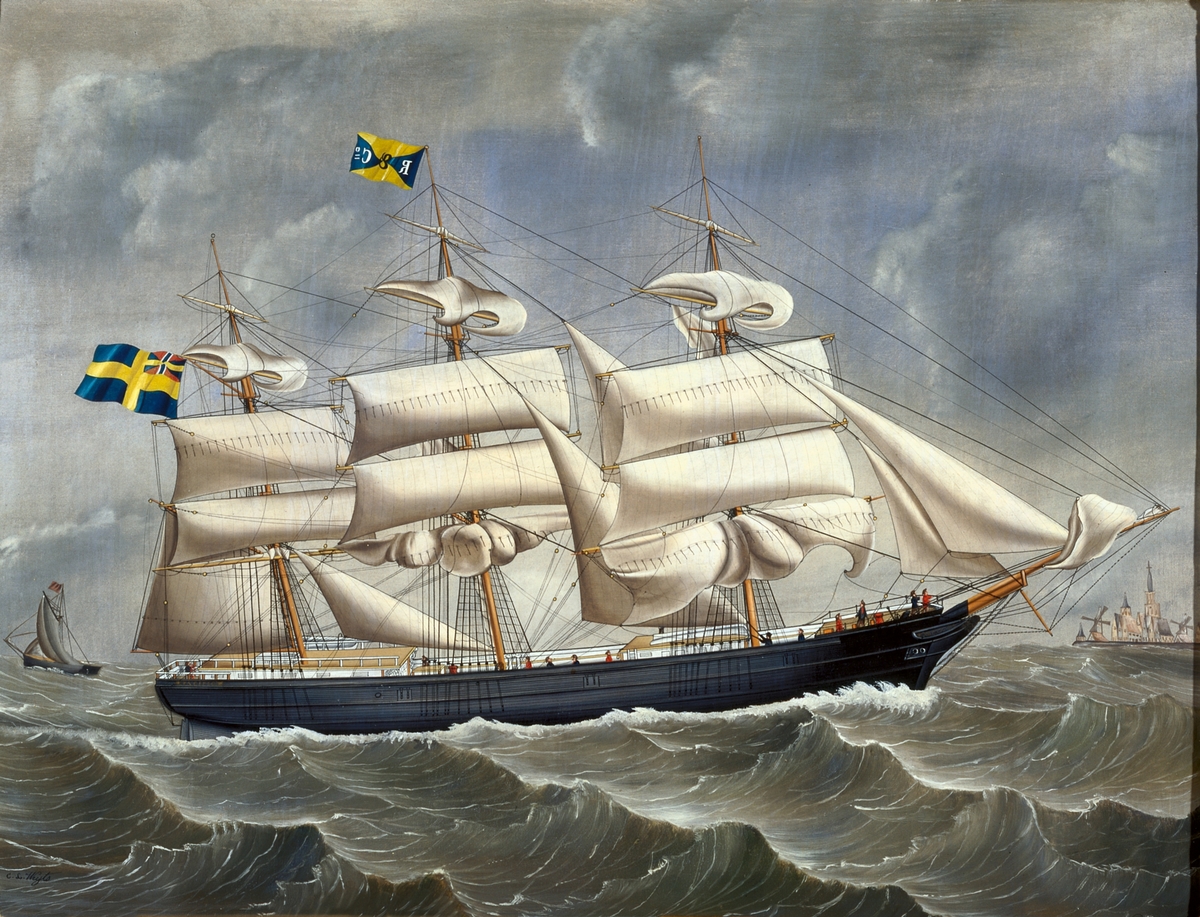 Oljemålning av C. L. Weyts, odaterad. Fullriggaren Pacific, byggd 1867 på Rettigs varv i Gävle.