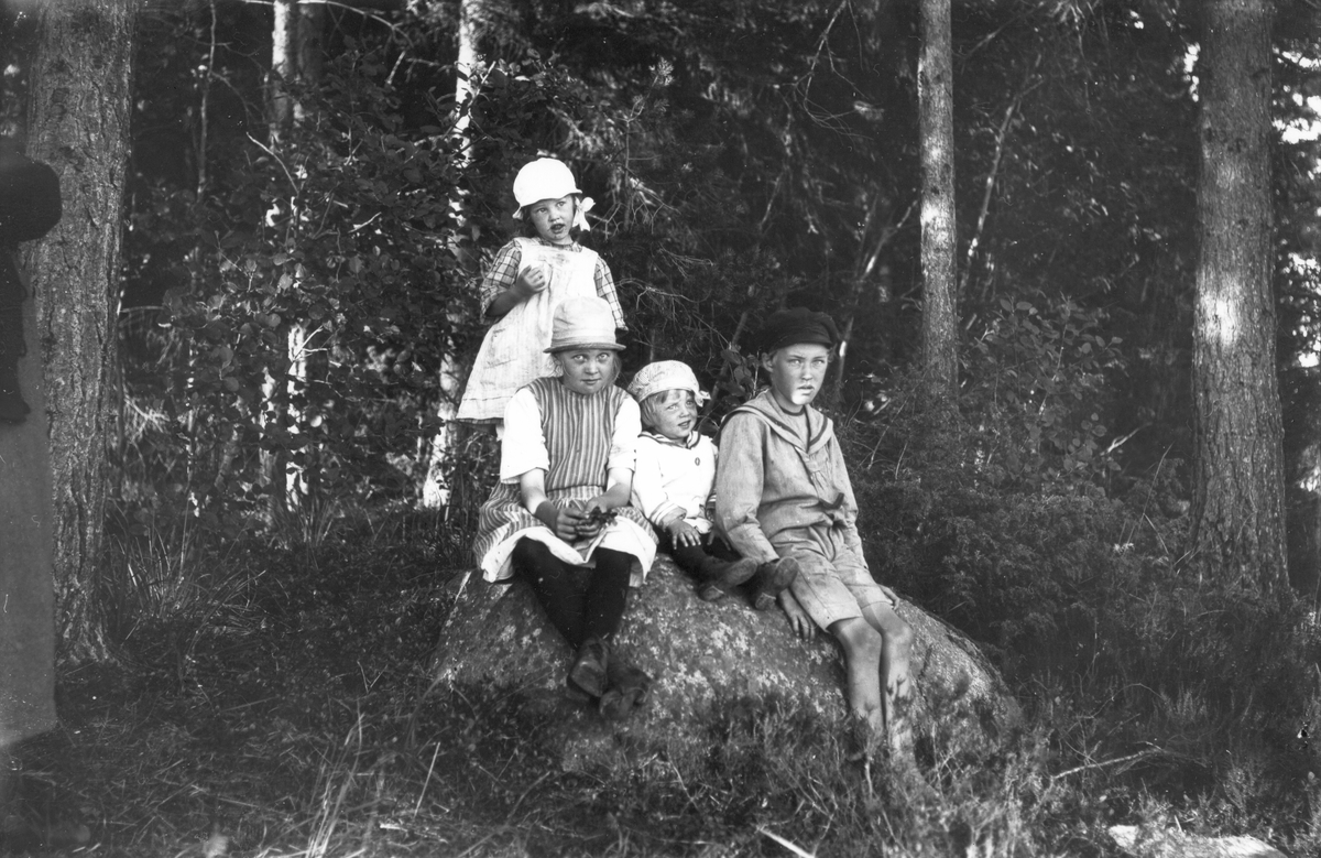 Sittande på stenen från vänster är Britt Svensson (Alsing som gift), Kjell Svensson, Tord Svensson, stående Lisen Svensson ( Hedberg som gift).
