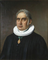 Portrett av Hans Jacob Stabel. Prestekjole og pipekrave. Medalje eller orden i grønt bånd rundt halsen. (Foto/Photo)