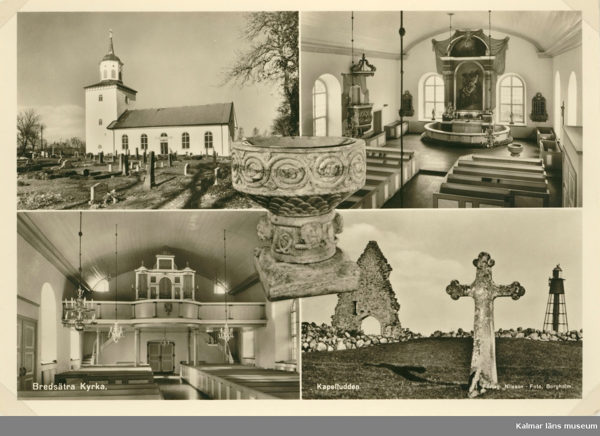 Fyrdelat vykort med bilder från Bredsättra kyrka och Kapelludden.