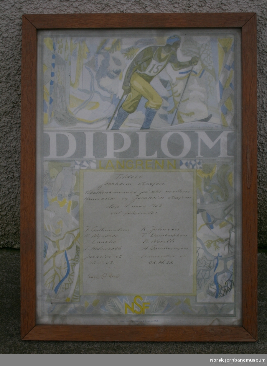 Diplom tildelt Jessheim stasjon for pokalkonkurranse på ski  4.mars 1953 mellem Jessheim og Hauerseter stasjon.
