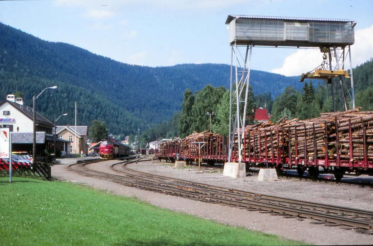 Fagernes stasjon med tog til Oslo S, og med lastede tømmervogner.