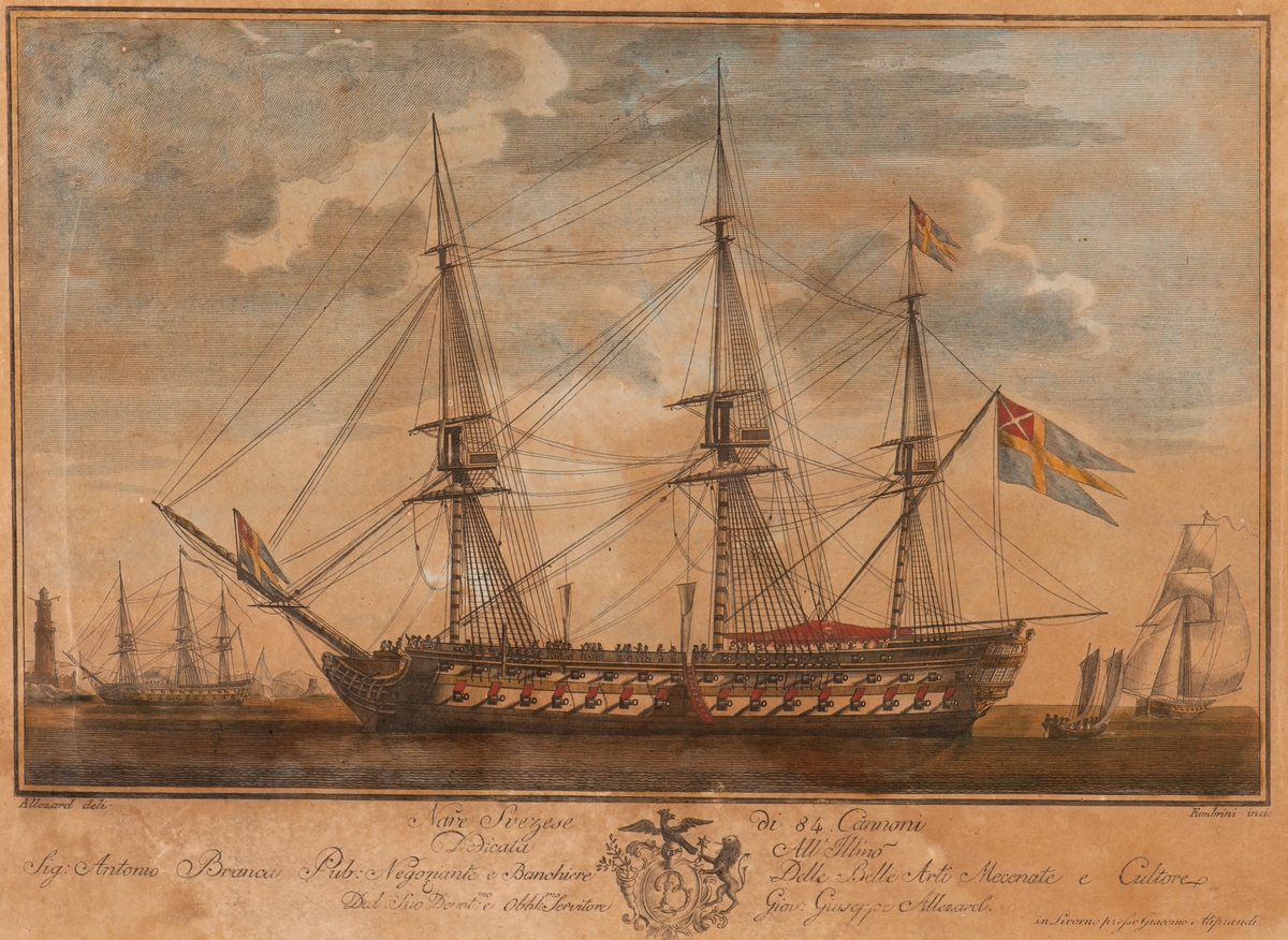 84-kanoners linjeskepp. Färglagd någon gång efter 1815 att döma av svenska örlogsflaggans utseende. Flaggan är ändrad i förhållande till originalet.