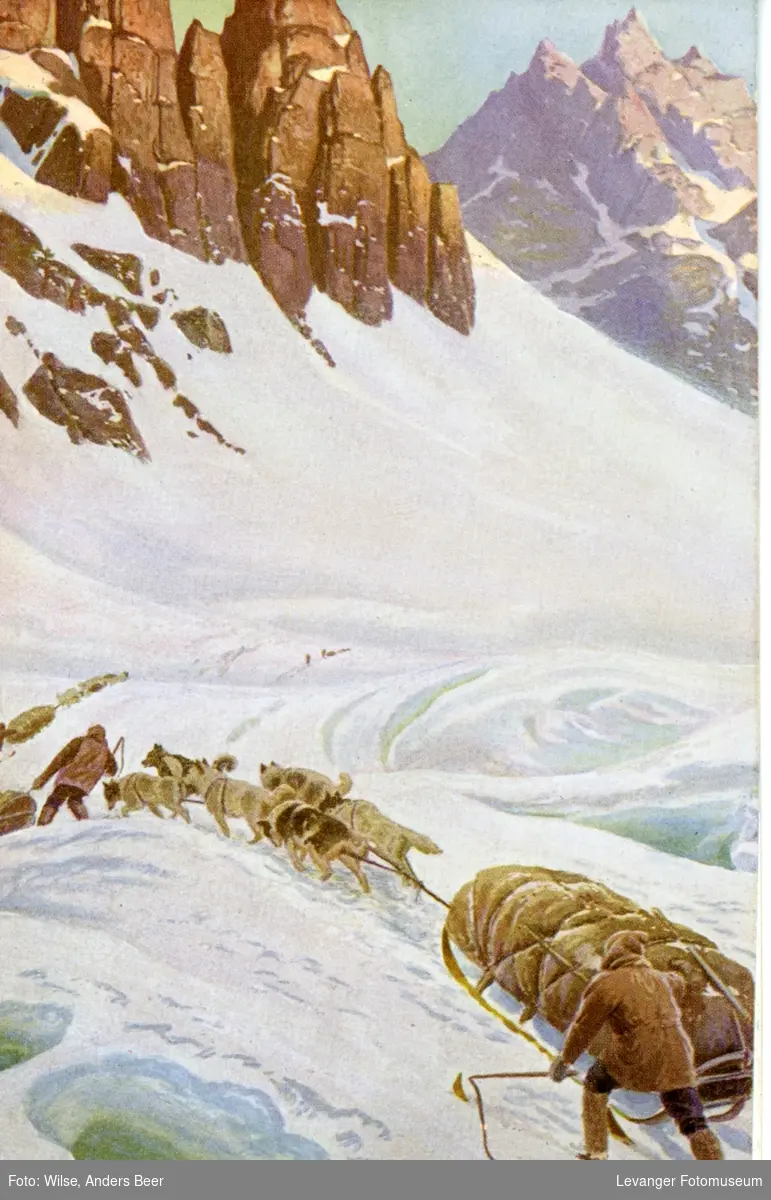 Postkort, vintermotiv sledehunder og pulk i krevende fjelllandskap.