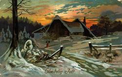 Julekort. Jule- og nyttårshilsen. Snødekt landskap i kveldss