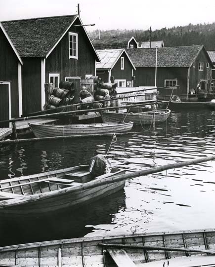 Fiskeläge med sjöbodar och fiskebåtar i Norrfällsviken, Ångermanland.