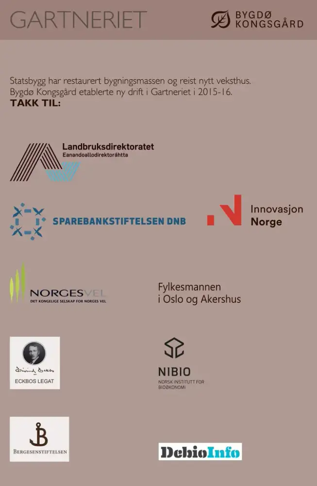 Logoer: Landbruksdirekoratet, Sparebankstiftelsen DNB, Innovasjon Norge, NorgesVel, Fylkesmannen i Oslo og Akershus, Eckbos legat, NIBO; Debio info og Bergesenstiftelsen. 