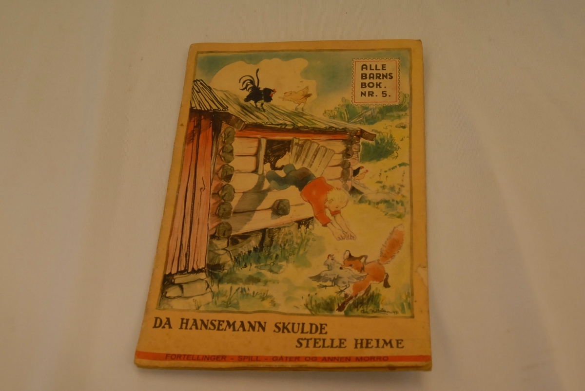 Illustrasjon av ein gut som stuper ut frå ein glugg på eit uthus.