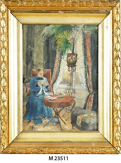Akvarellmålning.
Porträtt av Siri Ekedahls mormor*, sittande med handarbete vid
ett fönster.
*Maria Lindfors, f. Ahrenberg (1797-1878)