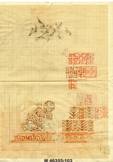 Akvarell på ritpapper.
"3, 4 , 5 ".
Förslag till olika geometriska mattmönster i rostrött.

Inskrivet i huvudbok 1983.
Montering/Ram: Ej ramad