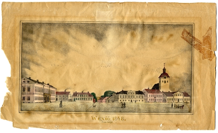 Färglagd litografi.
Stortorget i Växjö 1848, sett från väster mot öster, med domkyrkan
i bakgrunden.