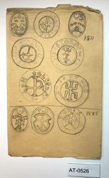 Studie av segl (signet-avtrykk) med bumerker fra 1500- og 16